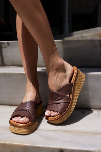 ANGELİNA JONES Fi̇anco Women's Brown Real Leather Filled Slippers