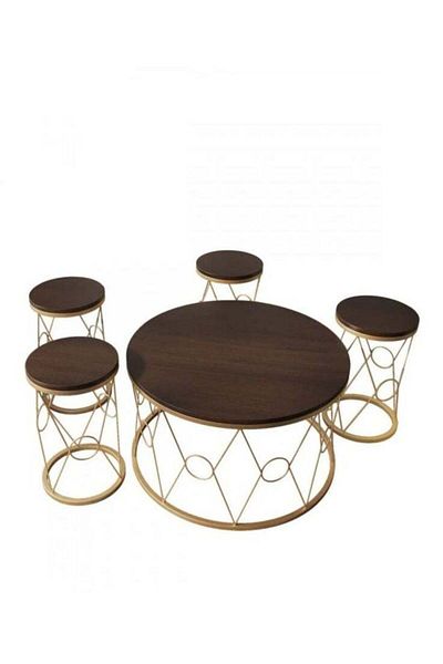 l'elefante 5-Piece Round Coffee Table Set – Iron Frame with Brown Wooden Top – Modern Living Roo