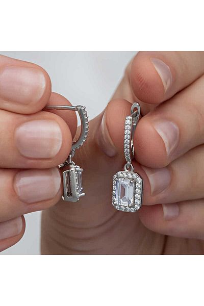 norsary Silver White Baguette Stone Dangle Women's Earrings