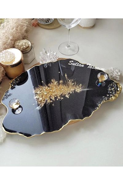 Sultan Tasarım Gold Leaf Rectangular Wavy Patterned Two Person Promise Engagement Groom Presentation Epoxy Tray 18X28 cm