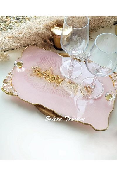 Sultan Tasarım Gold Leaf Rectangular Wavy Patterned Two Person Promise Engagement Groom Presentation Epoxy Tray 18X28 cm
