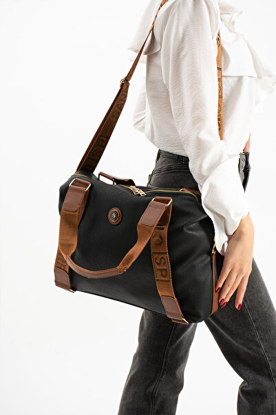 Sanmorris Geantă de mână și de umăr pentru femei, cu mai multe compartimente, de dimensiuni mari, reglabilă, culoare negru la maro, bretea crossbody