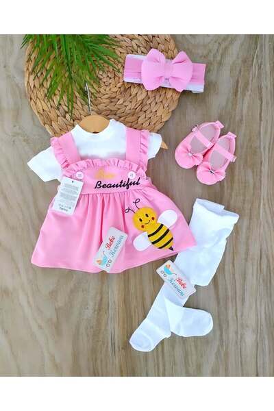 bebe kervanı Kız Bebek %1 00 Pamuklu Pembe Babet Ayakkabılı Elbise Takım Bebe...