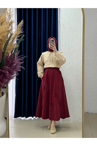 Mihra Ravique Poplin Φούστα με λεπτομέρεια φιόγκου-NA72 Claret Red