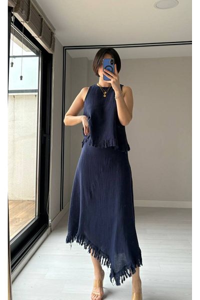 Nisan Triko Sleeveless 100% Cotton Blouse with Tassels at the Hem