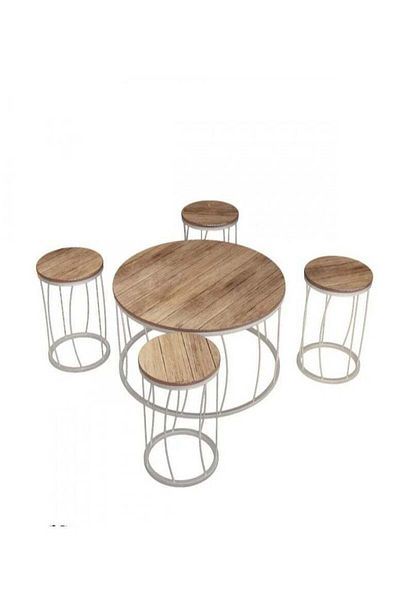 l'elefante 5-Piece Round Coffee Table Set – Iron Frame with Brown Wooden Top – Modern Living Room & Majlis