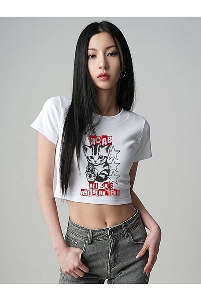 DEEFWEAR Star Cat Printed Trend Printed Crop Top