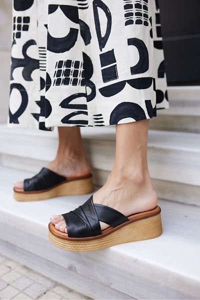 ANGELİNA JONES Fi̇anco Women's Black Real Leather Filled Slippers
