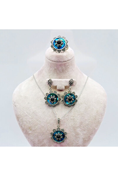 tesbihpasaji Yeşil Mine ve Oltu Taşı İşçilikli 925 Ayar Gümüş Kolye Küpe Yüzü...