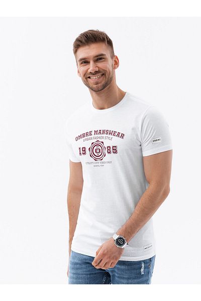 OMBRE Herren-T-Shirt aus Baumwolle mit College-Print - weiß V1 OM-TSPT-0137 S