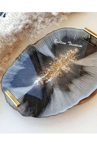 Sultan Tasarım Gold Leaf Rectangular Wavy Patterned Two Person Promise Engagement Groom Presentation Epoxy Tray 18X28 cm