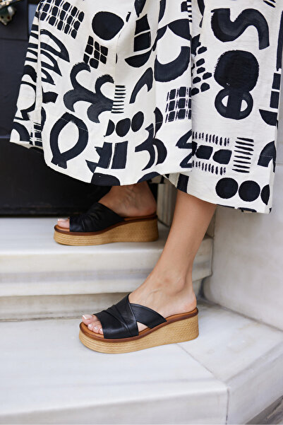 ANGELİNA JONES Fi̇anco Women's Black Real Leather Filled Slippers