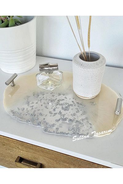 Sultan Tasarım Gold Leaf Rectangular Wavy Patterned Two Person Promise Engagement Groom Presentation Epoxy Tray 18X28 cm