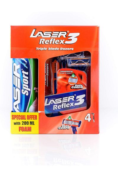 Laser Reflex 3 Three Blade Disposable Shaving Razor-4 Pieces + Laser Sport Shaving Foam 200ML