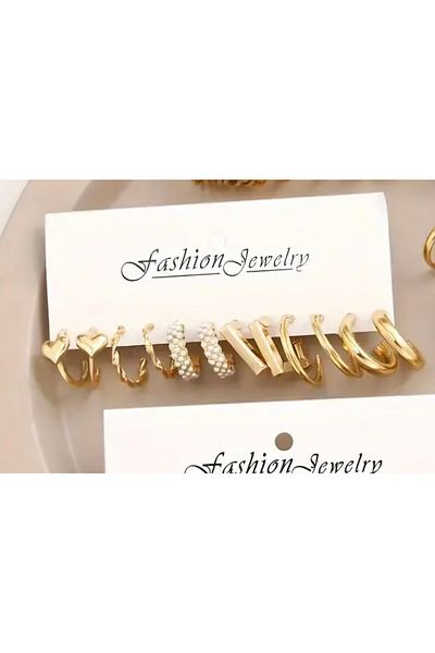 Pinkimaj Set of Multi-Ring Earrings with Pearls Detail 6 Pcs