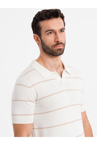 OMBRE Herren-Poloshirt aus Viskose mit horizontalen Streifen - Weiß und Beige V4 OM-POSS-0145 XXL