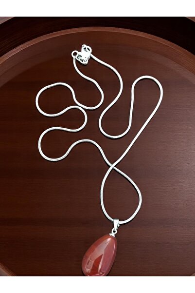 CLOVER JEWELRY عقد من حجر العقيق الطبيعي بسلسلة فضية