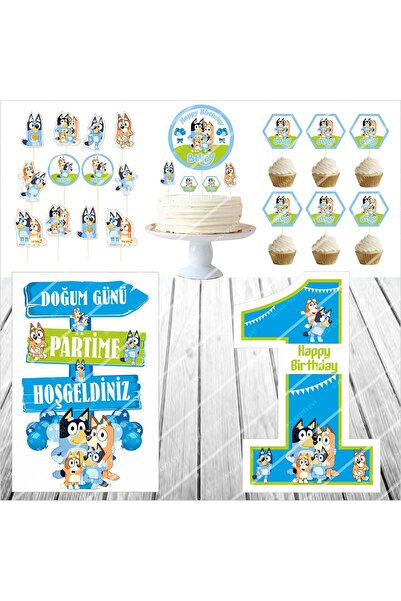 SİYAH PARTİ EVİ 1 Year Old Bluey Birthday Cake Decoration Standing Board Set
