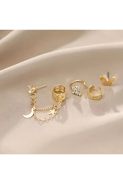 Mojo Jewellery Gold Cartilage Earring Set with Dangle Zircon Butterfly Detail