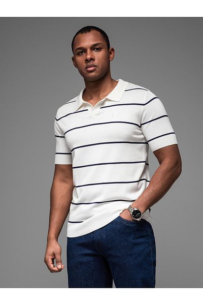 OMBRE Herren-Poloshirt aus Viskose mit horizontalen Streifen - Weiß und Marineblau V2 OM-POSS-0145 L