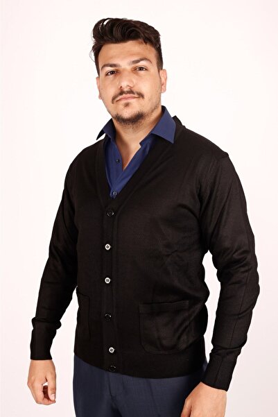 FATELLA Men's Dad Black Buttoned V-Neck Pocket Thin Knitwear Cardigan