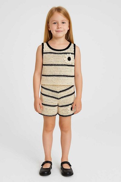 Dmb Girl's Straw Knitted Sleeveless Blouse with Strap Inside Crop Badi Elastic Waist Straw Knitted Shorts Three-Piece Set