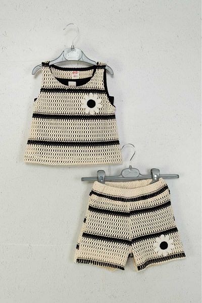 Dmb Girl's Straw Knitted Sleeveless Blouse with Strap Inside Crop Badi Elastic Waist Straw Knitted Shorts Three-Piece Set