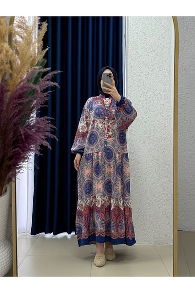 Mihra Φόρεμα Yeleva με μικτό σχέδιο με πατίνι-PE606 Navy Blue