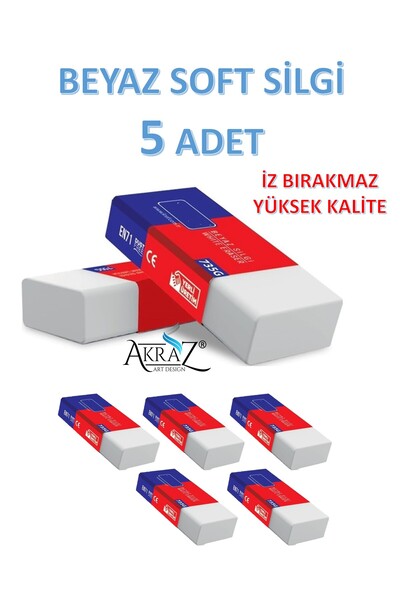 Akraz Art Design BEYAZ SOFT SİLGİ İZ BIRAKMAZ, YÜKSEK KALİTE (5 ADET)