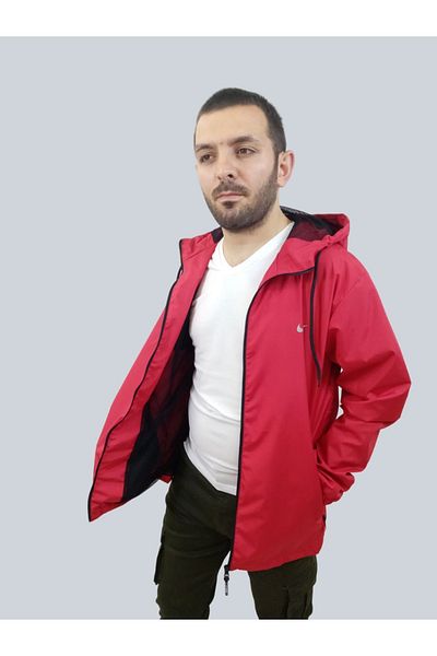 daniel milano Men's Red Raincoat with Hooded Finish Detail
