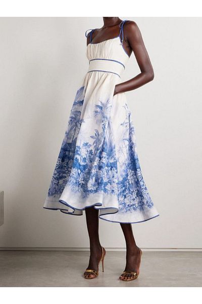 SOFT Blue on White Wide Printed Shoulder Strap Gathered Back Summer Cotton Dress