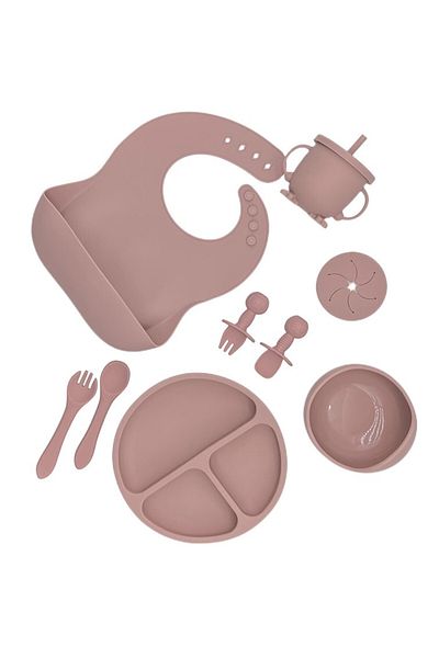 OEM 8-piece baby feeding set, diversification, silicone, bib, plate, bowl with suction cup, spoon and