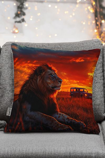 Hayal Dekoratif Realistic Scenic Nature Themed Digital Printed Throw Pillow with Lion Figure - Pillow Case