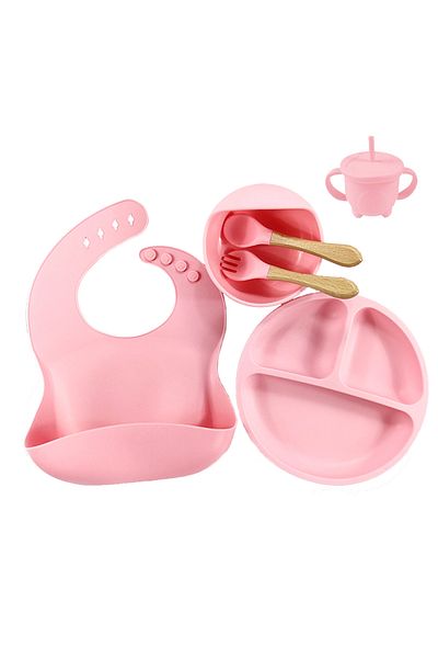 OEM Silicone baby feeding set, Darklove, 1 bib, 1 compartmentalized plate, 1 suction cup bowl, spoon and