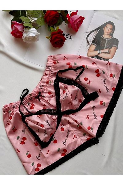 shiny date Cherry Patterned Satin Shorts Pajama Set