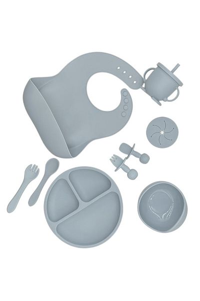 OEM 8-piece baby feeding set, diversification, silicone, bib, plate, bowl with suction cup, spoon and