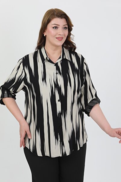 By Alba Collection Women's Black White Cotton Viscose Plus Size Shirt