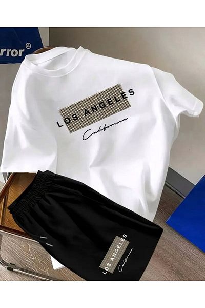 ModaSphere Oversize Crew Neck Bottom Top T-Shirt Shorts Los Angeles Printed Double Set