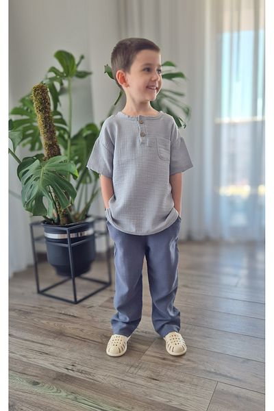 BALKABAĞI Natural Shirt Muslin Trousers Set (Age 2-8) Mtye0059