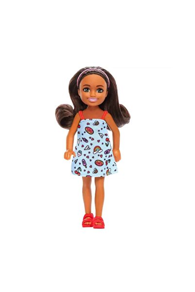 Barbie Aksesuarlı Chelsea Bebekler - Esmer Mavi Askılı Elbise Hxm97