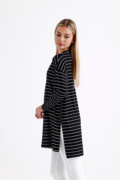 mermaya Premium ποιότητα, μαύρο, ριγέ, χτενισμένο βαμβακερό τουνίκ.