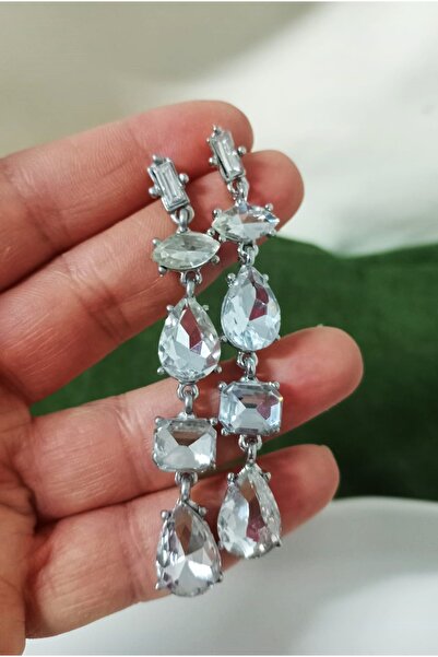 mos&more Gümüş Beyaz Taşlı Sallantılı Uzun Abiye Kadın Küpe