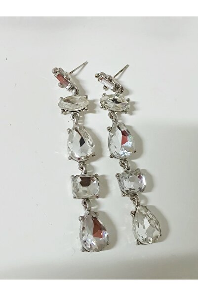 mos&more Gümüş Beyaz Taşlı Sallantılı Uzun Abiye Kadın Küpe