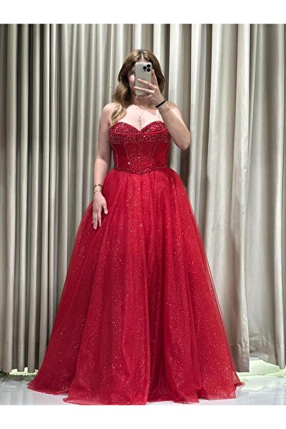 Kaleiçi Yıldızlar Kırmızı Çift Yaka Prenses Model Nişanlık-Abiye