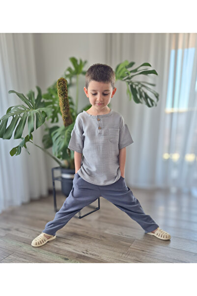 BALKABAĞI Natural Shirt Muslin Trousers Set (Age 2-8) Mtye0059