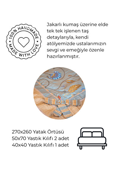 Fonne Mavi Taş İşlemeli Çift Kişilik Yatak Örtüsü Takımı 260x270 ve 3 Adet Yastık