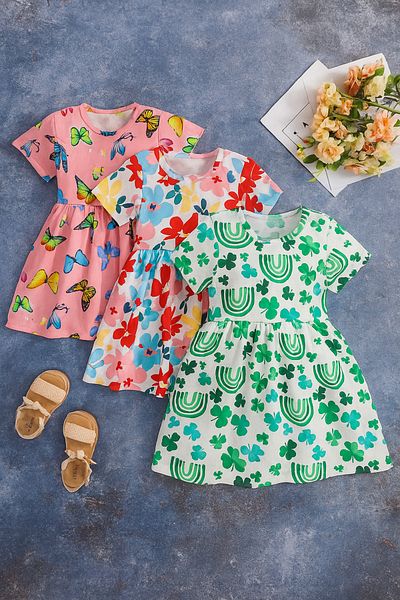 Fox Moda Printed Girl's Lycra 3-Piece Dress