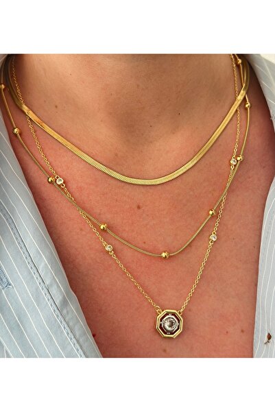 mibrillo Çelik üçlü kolye ( italyan zincir dorika yılan zincir ve tek taş kolye 3lü kolye seti )
