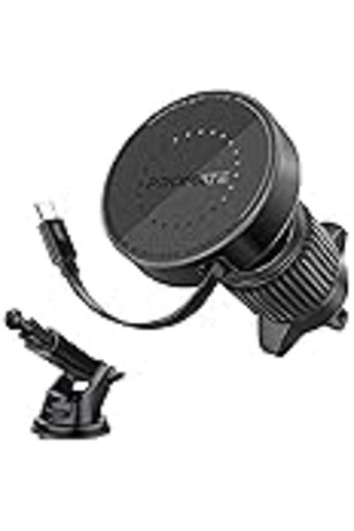Promate 15W MagSafe Magnetic Wireless Car Charger, Fast and Safe Charging with Retractable Cable Magdrive Bl