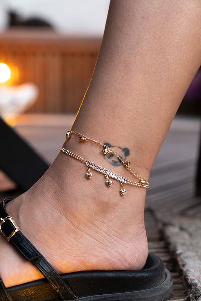 Moonjy "Lover's Gleam" Anklet with Steel Gold Baguette Stone Heart Charm